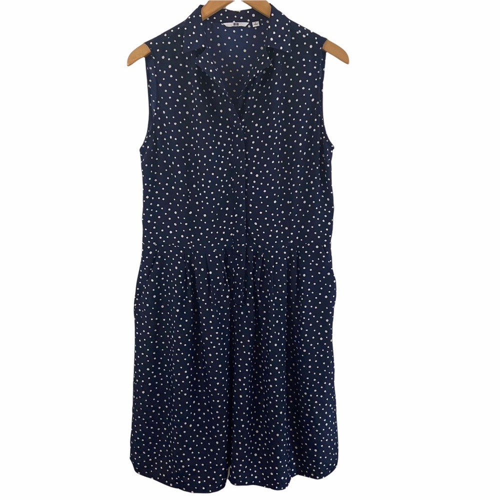 Uniqlo Navy Polka Dot Dress Pockets Sleeveless Sz L Pleated Button Front Womens